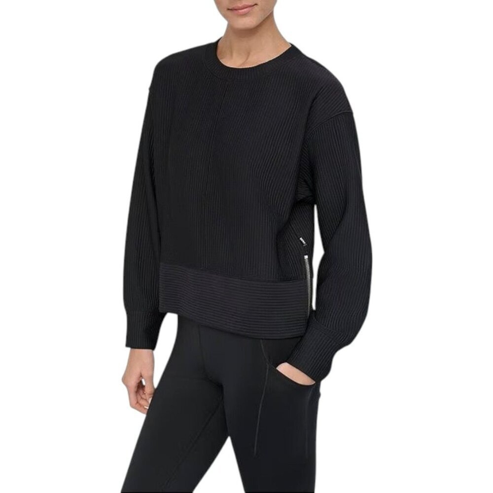 DKNY Sport Rib Knit Pullover Top Crew Neck Long Sleeve Side Zipper Size L